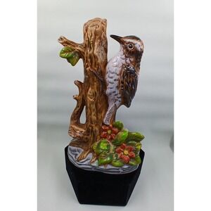Ceramic Woodpecker Bird Figurine Tree Trunk Flowers Hand Painted Signed Colorful